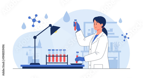 Scientist in Lab Coat Analyzing Test Tubes with Red Liquid, Molecules and Drops