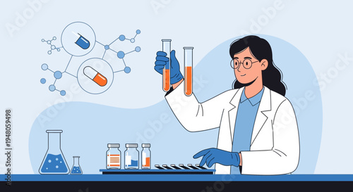Scientist in Lab Coat Analyzing Test Tubes with Molecules and Capsules