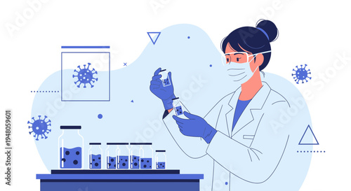 Scientist in Lab Coat and Mask Holds Vial, Researching Coronavirus Vaccine