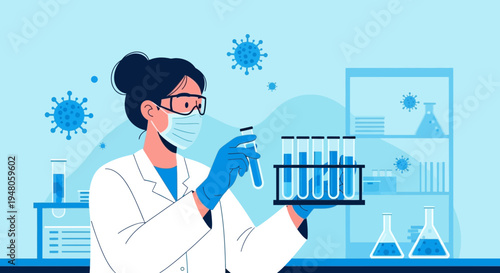Scientist in Lab Coat and Mask Holding Test Tubes, Researching Coronavirus