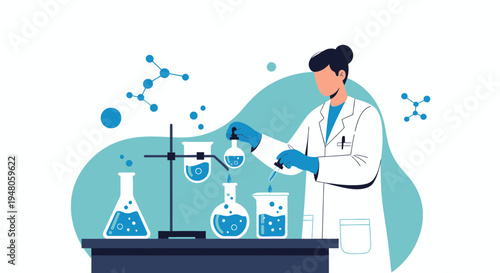 Scientist in Lab Coat Conducting Chemical Experiment with Beakers and Molecules