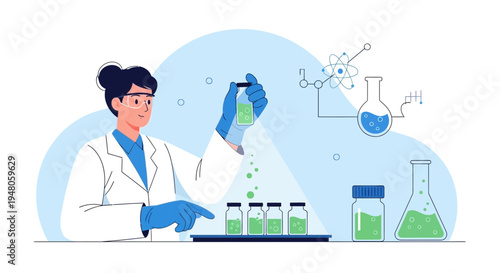 Scientist in Lab Coat Conducting Chemical Experiment with Green Liquids in Flasks