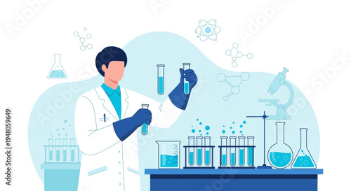 Scientist in Lab Coat Conducting Chemical Experiment with Test Tubes and Microscope