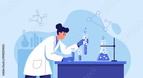 Scientist in Lab Coat Conducting Chemical Experiment with Test Tubes and Flasks