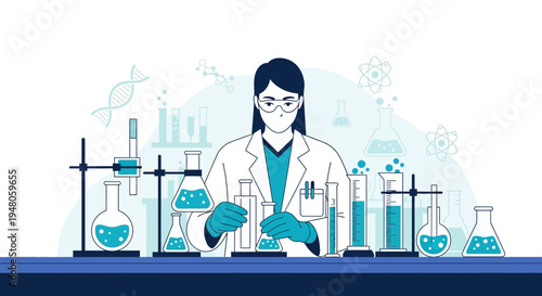 Scientist in Lab Coat Conducting Experiment with Beakers and Test Tubes