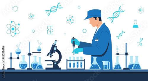 Scientist in lab coat conducting experiment with microscope and test tubes, science research concept