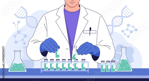 Scientist in Lab Coat Conducting Experiment with Test Tubes and Beakers, DNA Helix Background