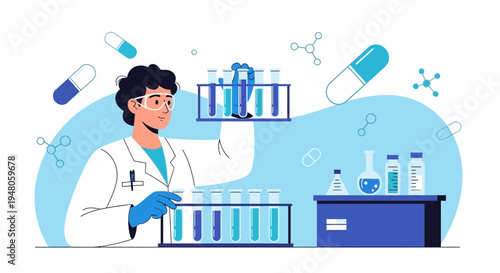 Scientist in Lab Coat Conducting Experiment with Test Tubes and Beakers, Blue Tones