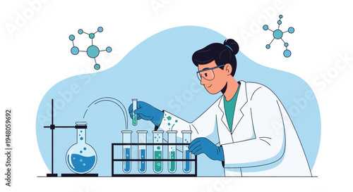 Scientist in lab coat conducting experiment with test tubes and flasks, molecular structures in background