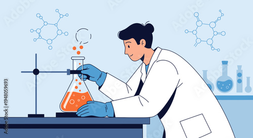 Scientist in lab coat conducting experiment with flask and molecules