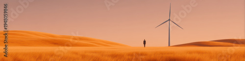 Lone person stands near large wind turbine in vast golden field under soft pastel sky, evoking peaceful and minimalistic atmosphere in wide landscape