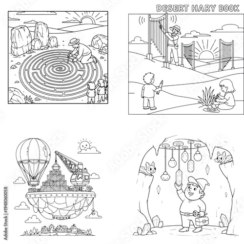 Scuba diver exploring coral reef coloring page with sea life with black and white