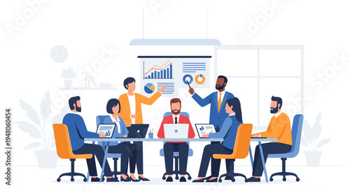 Diverse team discussing business strategy in modern office with colorful charts in bright professional lighting for corporate branding