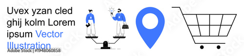 Business strategy, decision making, e-commerce, location services, digital marketing, trade. Two people on scales, a location pin and a shopping cart. Business strategy and e-commerce concepts