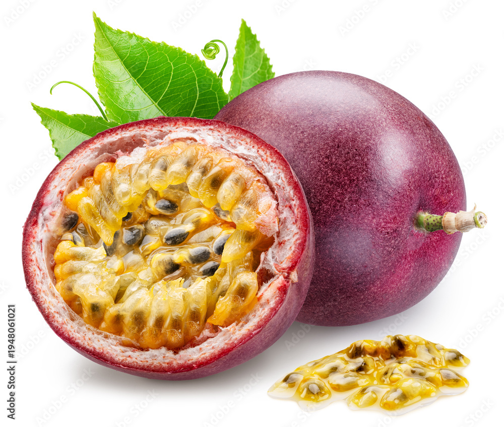 Fototapeta premium Fresh ripe passion fruit with half passionfruit showing juicy pulp and seeds, accompanied by green leaves, isolated on white background with clipping path.