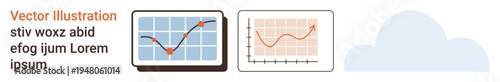 Analytics, business growth, statistics, financial data, market trends, performance metrics. Two charts showing fluctuating data. Analytics and business growth tools visualization