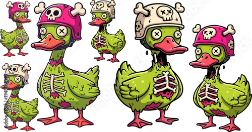 Set of 6 Cartoon Zombie Ducks Vector Illustrations with Skull Helmets, Green Skin, Exposed Ribs, and Pink Beaks for Halloween Designs