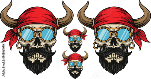 Set of 4 detailed vector illustrations featuring a pirate skull with a red bandana, ram horns, blue steampunk goggles, and a black beard, perfect for tattoo designs, apparel, or gaming assets.