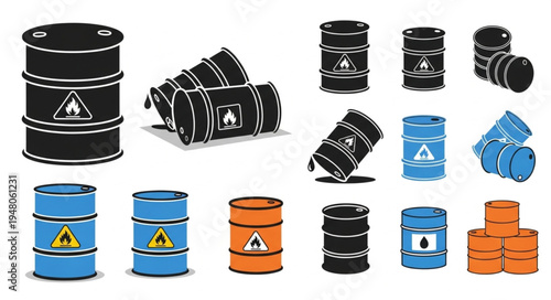 Collection of Oil Drums and Barrels with Hazard Warning Symbols.