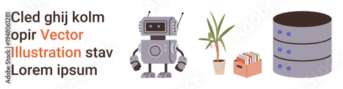 Technology, organization, automation, data storage, office management, robotics. Robot with database, files and plant. Technology and organization concepts robotics and data storage