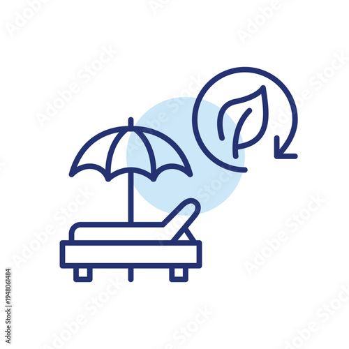 Umbrella and beach lounger, leaf and renew arrow. Eco-friendly vacation and holiday. Pixel perfect, editable stroke vector icon