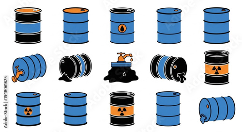 Collection of Blue and Black Oil Drums with Hazard Symbols.