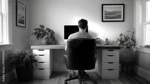 A solitary individual focused on work at a computer in a modern minimalist home office filled with plants and framed artwork