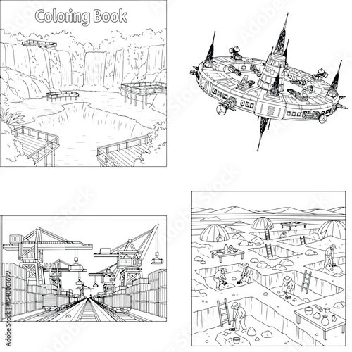 Hot air balloon ride over rolling hills under sunny sky with black and white with line art