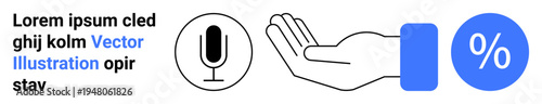 Communication tools, customer support, audio recording, data analytics, assistance, modern finance. Microphone, open hand and percentage symbol in simple outlined design. Communication and customer