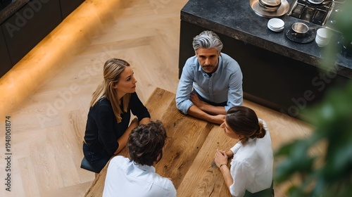 Four professionals engage in a discussion around a modern wooden table in a contemporary setting