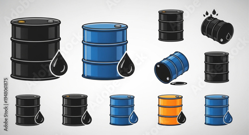 Oil Barrel Collection - Black, Blue, and Orange Drums with Oil Drops.