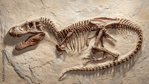 Tyrannosaurus Rex Fossil Skeleton Top View Embedded in Sandstone Paleontology Concept