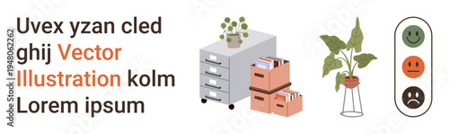 Office decor, document management, work productivity, customer feedback, home office setup, environmental care. Filing cabinets, plants and feedback icons. Office organization and document