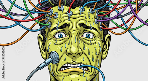 Stressed man with numerous colorful wires plugged into his head and a microphone in his mouth, depicting information overload and mental pressure