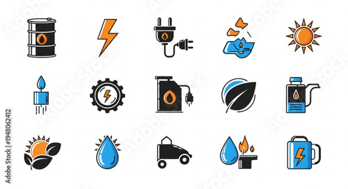 Energy Source Icons - Oil, Lightning, Plug, Ice, Sun, Candle, Gear, Canister.