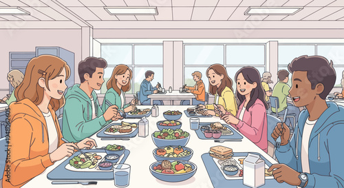 Diverse students enjoying lunch together in a bright, modern school cafeteria.