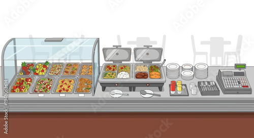 Buffet restaurant counter with food trays, serving dishes, and cash register