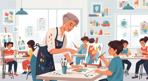 Art class with teacher instructing children, painting on easels, creative learning environment