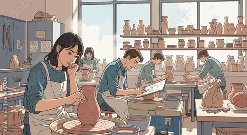 Diverse students learning pottery making in a bright studio, crafting ceramic art.