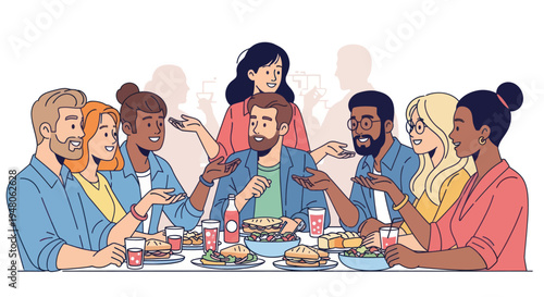 Diverse group of friends enjoying a meal together at a table, sharing stories and laughter.