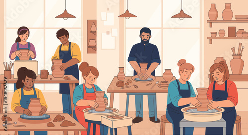 Diverse people learning pottery class, creating ceramic art on wheels in studio workshop