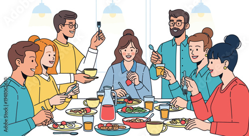 Diverse group of friends and family enjoying a meal together, sharing food and conversation.