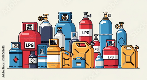 Various Gas and Liquid Containers - A Colorful Collection for Industrial Use.