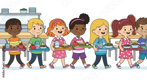 Diverse Kids Enjoying Healthy Lunch Trays at School Cafeteria