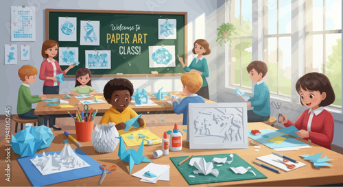 Children Enjoying Paper Art Craft Class with Teacher, Learning Origami and Paper Folding