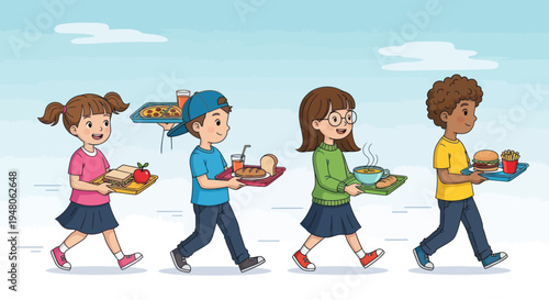 Diverse kids with lunch trays walking in school cafeteria, healthy food, cartoon style