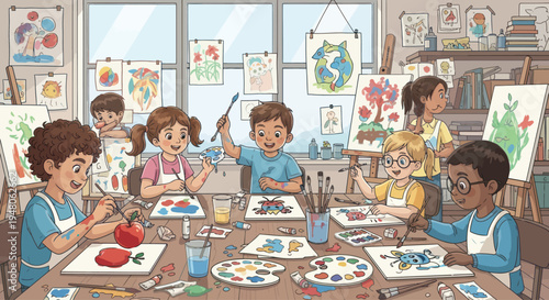 Children's Art Class: Diverse Kids Painting and Drawing at School Studio