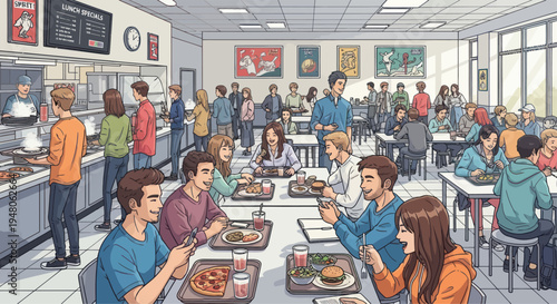 Bustling School Cafeteria Scene with Students Eating and Socializing