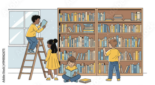 Children Reading Books in Library: Education, Knowledge, Imagination