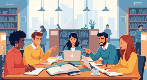 Diverse students collaborating on project at library table, studying, learning, teamwork concept